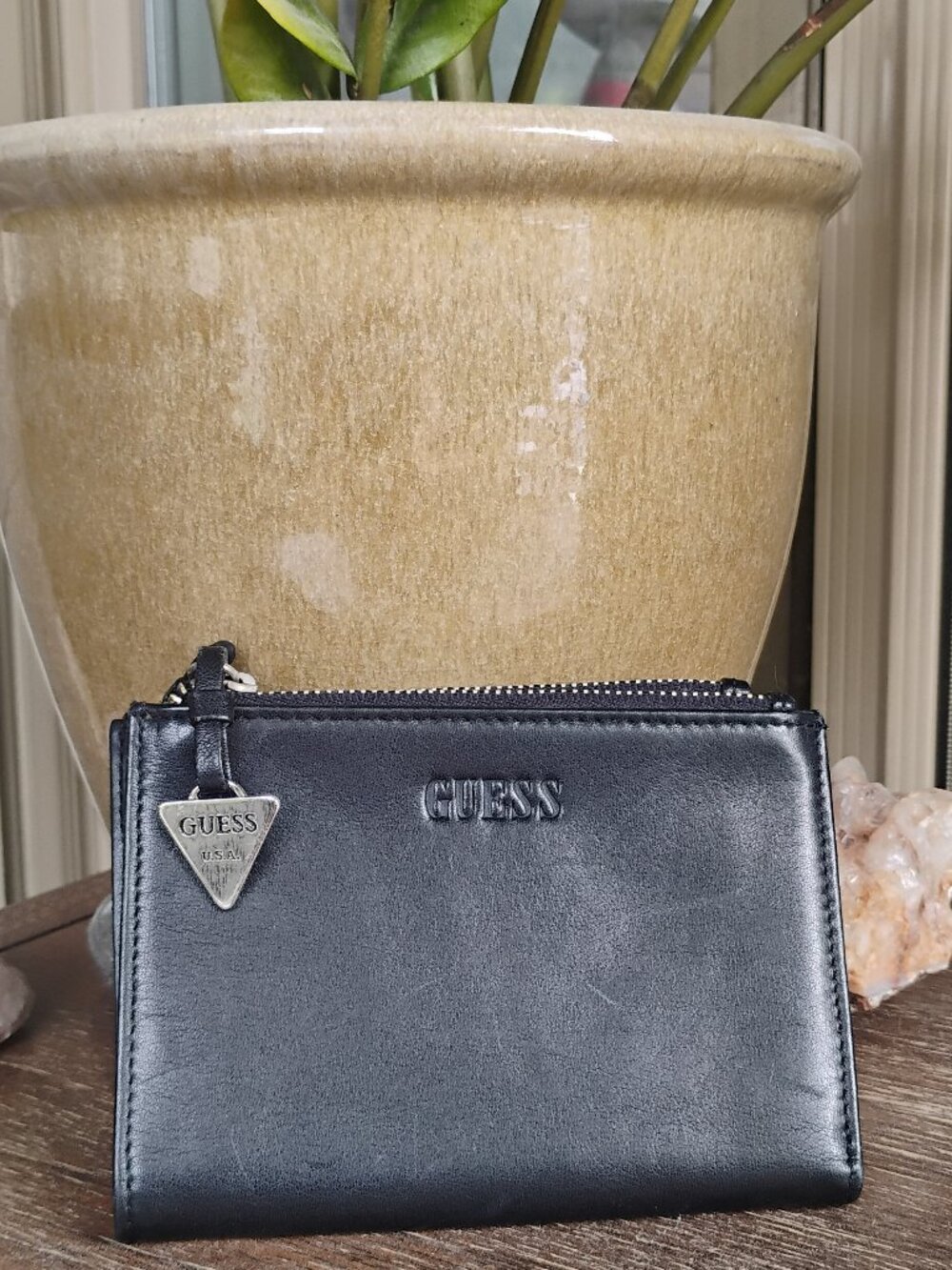 GUESS Black Leather Mini Card Holder Wallet Change Purse
